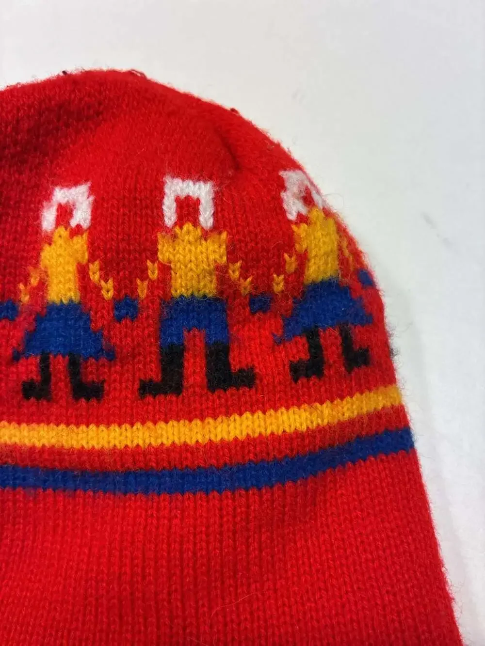 Vintage Unisex Knit Winter Beanie Hat with Folk Art People Pattern